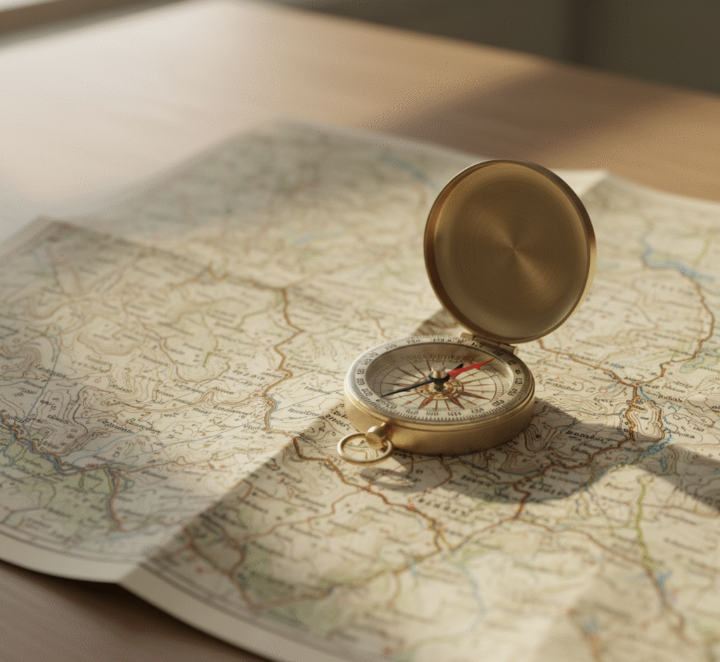 Wealth building strategy compass on map showing financial direction and planning