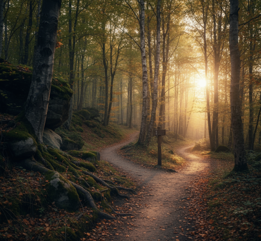 Job burnout recovery path through peaceful forest - person escaping workplace stress