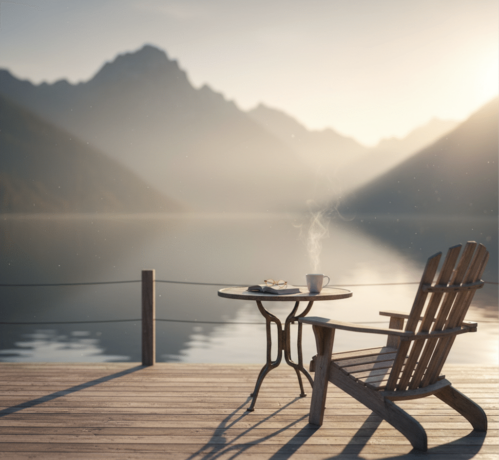 What early retirement feels like - peaceful morning deck with coffee and empty chair overlooking water