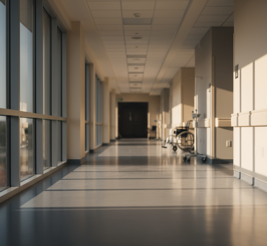 Healthcare worker burnout hospital corridor with natural light