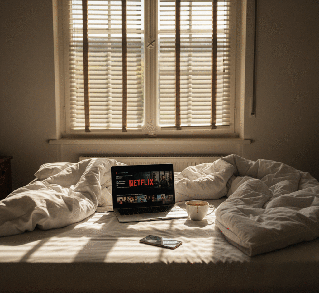 Sunlit bedroom with unmade bed and laptop showing Netflix screen during midday, representing productivity guilt and adjustment challenges faced during early retirement and financial independence